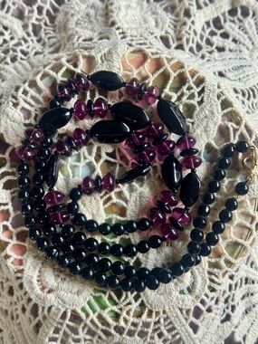 Long Vintage Beaded Necklace Black & Plum Statement Strand 36 Inch Retro Boho
